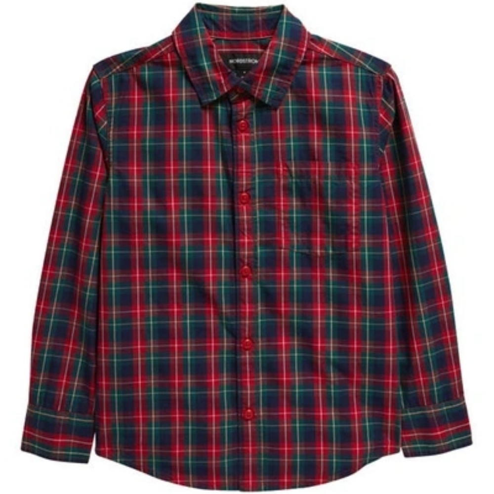 Nordstrom Poplin Button-Down Shirt In Navy Peacoat- Red Davia Plaid Size 7